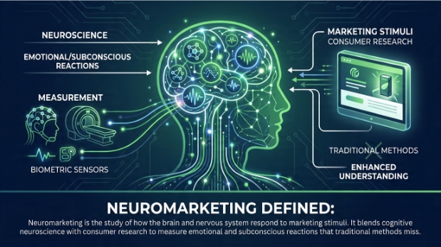 A digital illustration explains neuromarketing, showing a human brain connected to brain scans, biometric sensors, and marketing stimuli, highlighting how neuromarketing uses neuroscience to measure subconscious reactions and improve consumer research.