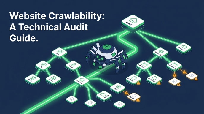 Illustration of a spider crawling through a network of website pages, with neon green lines connecting icons. Text reads: Website Crawlability: A Technical Audit Guide to SEO and Website Content Optimisation.
