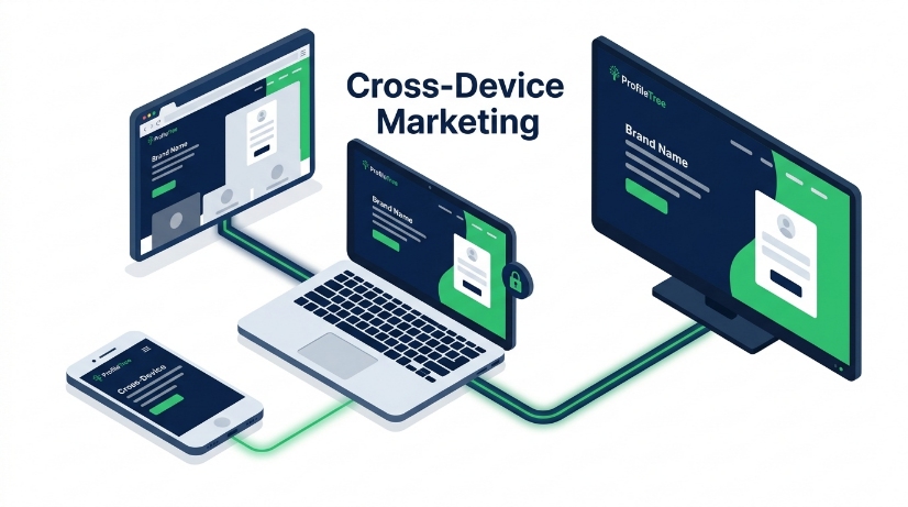 An illustration of a smartphone, tablet, laptop, and TV screen all displaying similar website interfaces, connected by green lines, highlights the concept of cross-device marketing with the text "Cross-Device Marketing" in the centre.