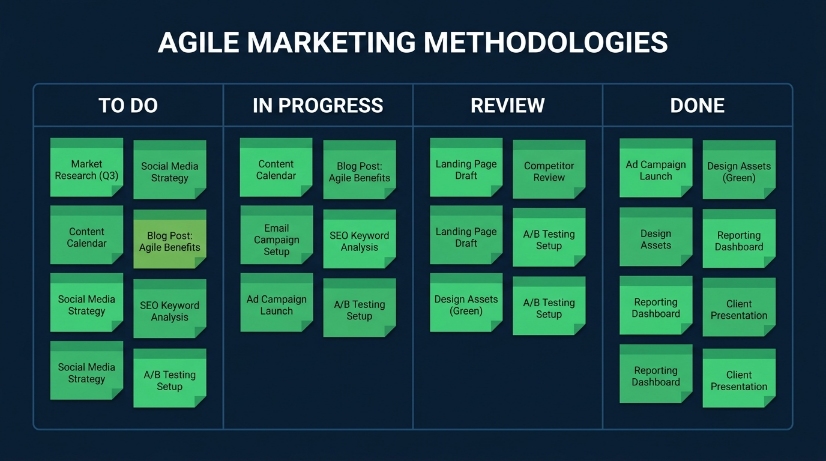 A kanban board titled Agile Marketing Methodologies helps teams manage tasks like market research, blog posts, and A/B testing using core Agile Marketing principles as items move from To Do to Done.