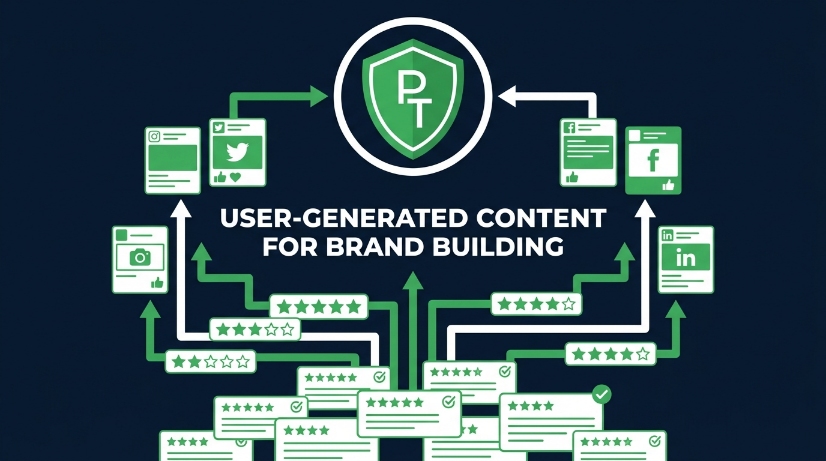 A graphic shows a central shield labelled PT linked by arrows to social media and review icons, visually highlighting how UGC powers brand building. Text reads: User-Generated Content for Brand Building.