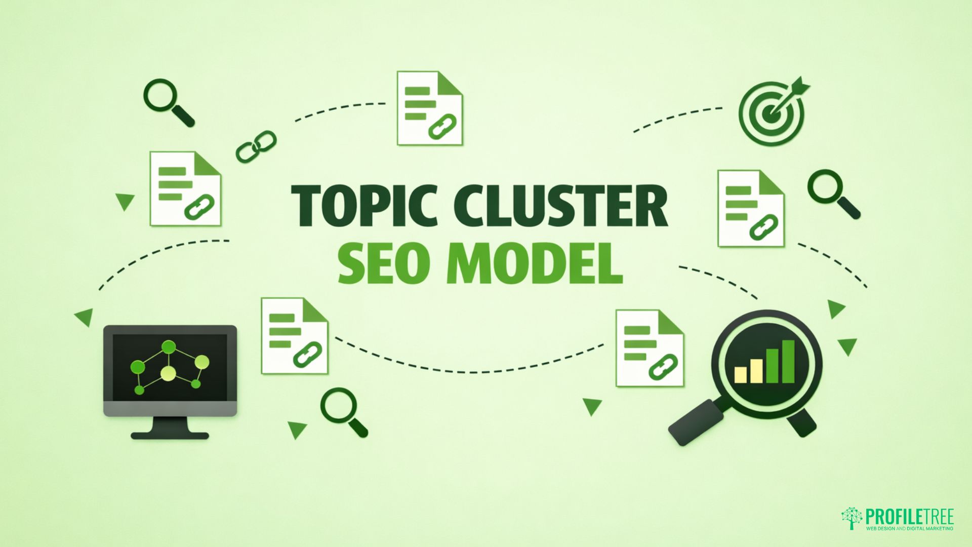 Green-themed infographic with the title Topic Cluster SEO Model, surrounded by icons of documents, links, magnifying glasses, a computer, and charts, visually outlining the Topic Cluster Model in SEO. ProfilTegre logo appears in the bottom right corner.