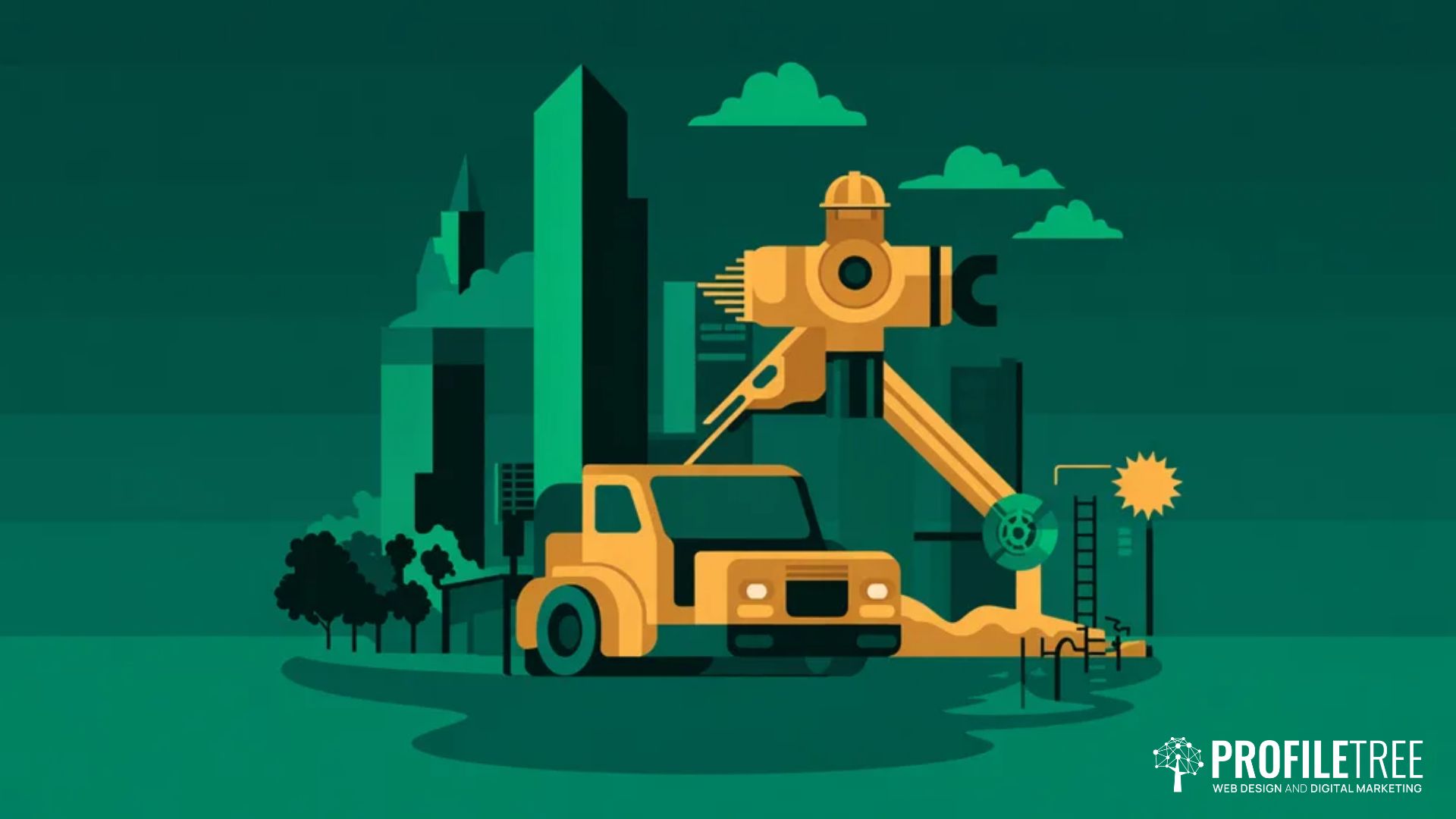 Illustration of a yellow construction vehicle with a robotic arm working near high-rise buildings, trees, and a gear, symbolising technology, development, and Local SEO for Contractors. PROFILETREE logo is in the bottom right corner.