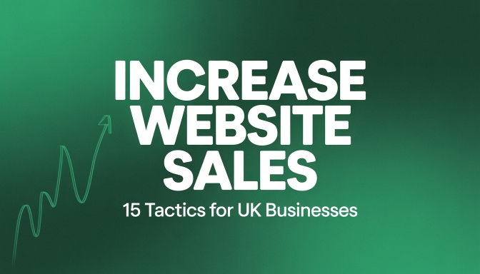 Text on a green gradient background reads, INCREASE WEBSITE SALES: 15 SEO Tactics for UK Businesses. A rising arrow graphic appears on the left side, symbolising website growth.