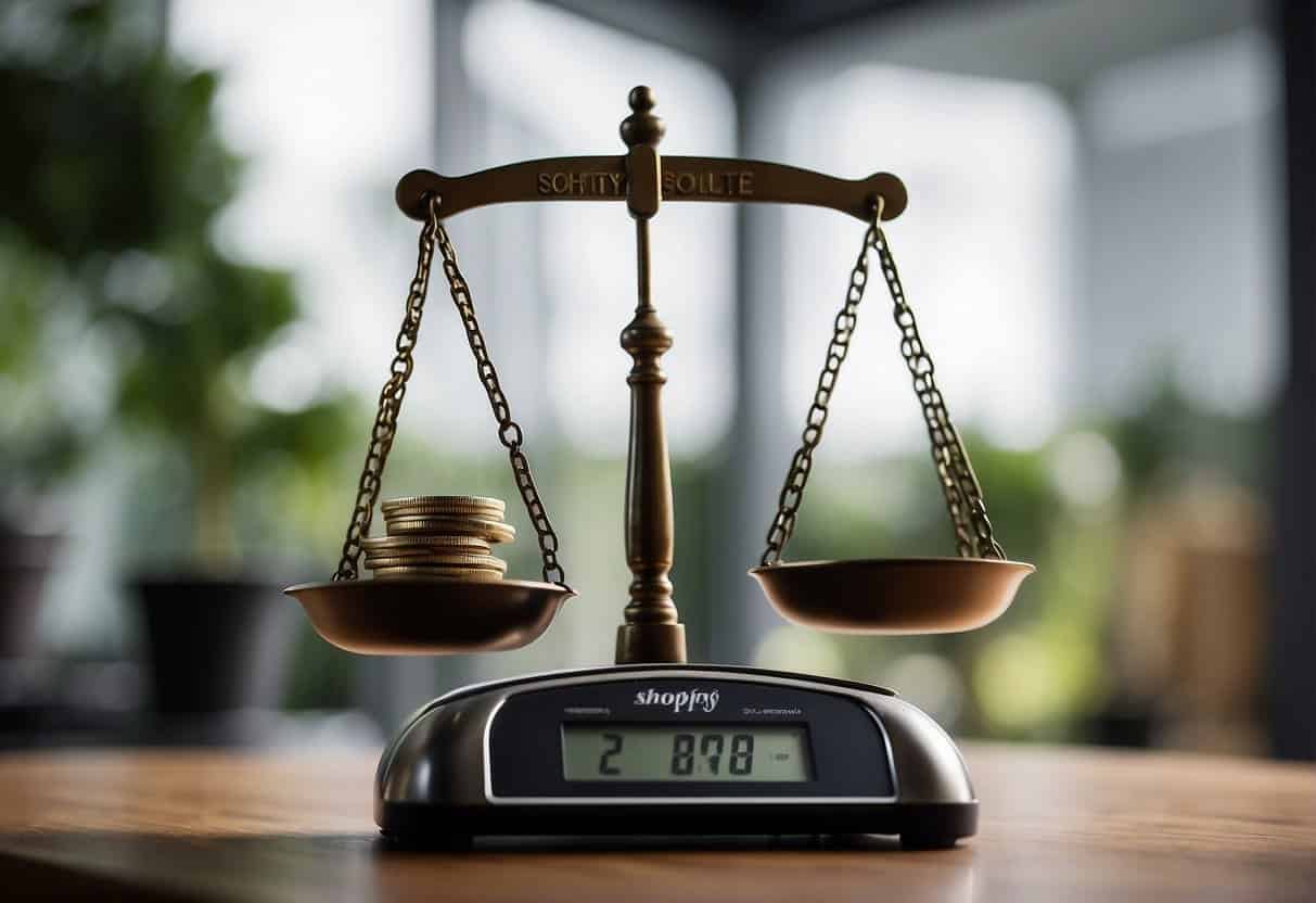 A scale weighing a Shopify and WordPress logo, with Shopify tipping the scale for value