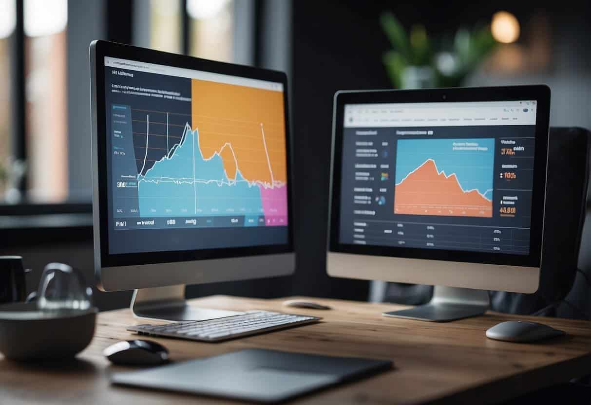 A computer screen displaying Unbounce landing page analytics and optimization tools. Charts and graphs show performance data