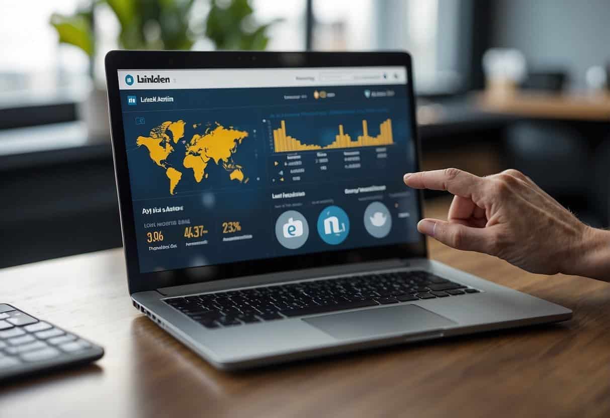 A laptop displaying LinkedIn analytics with a chart showing campaign performance for professional services. A hand reaches for a mouse to make adjustments