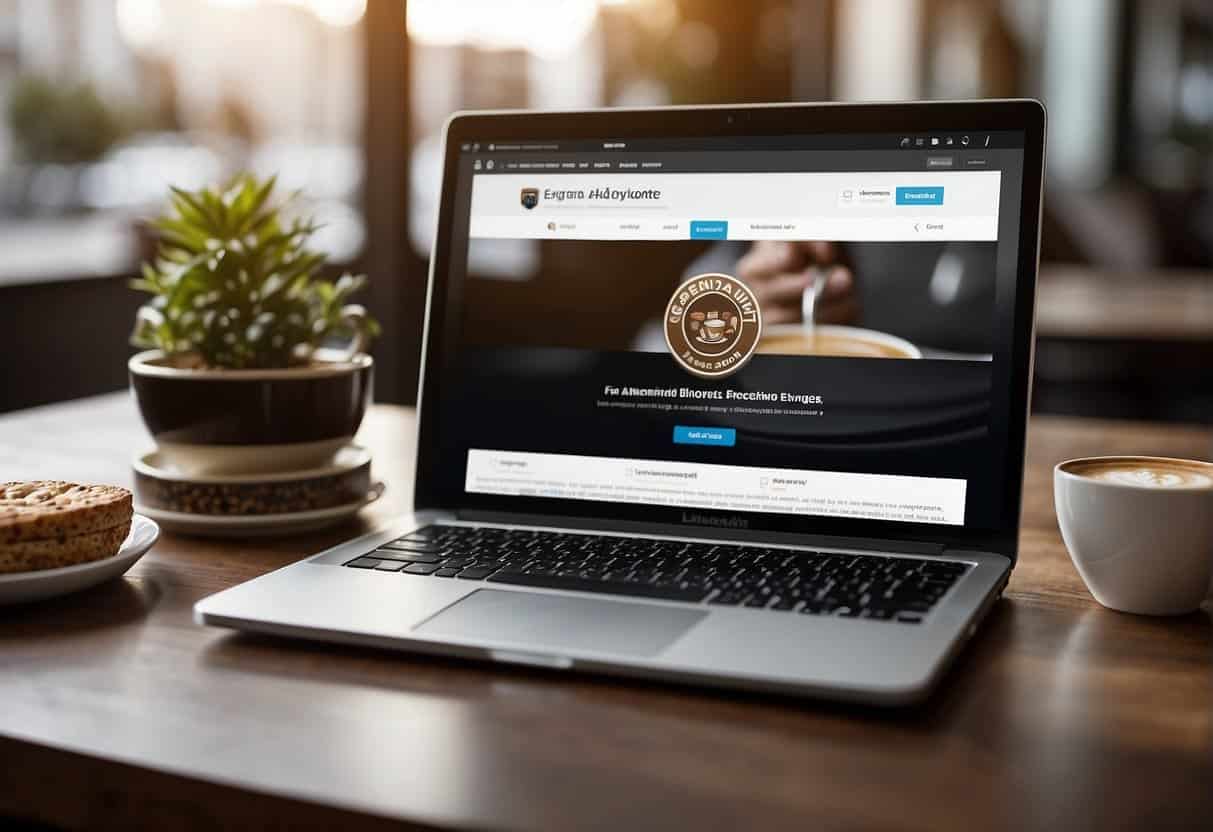 A professional setting with a laptop, coffee, and a LinkedIn page open, showcasing engaging ad content for professional services