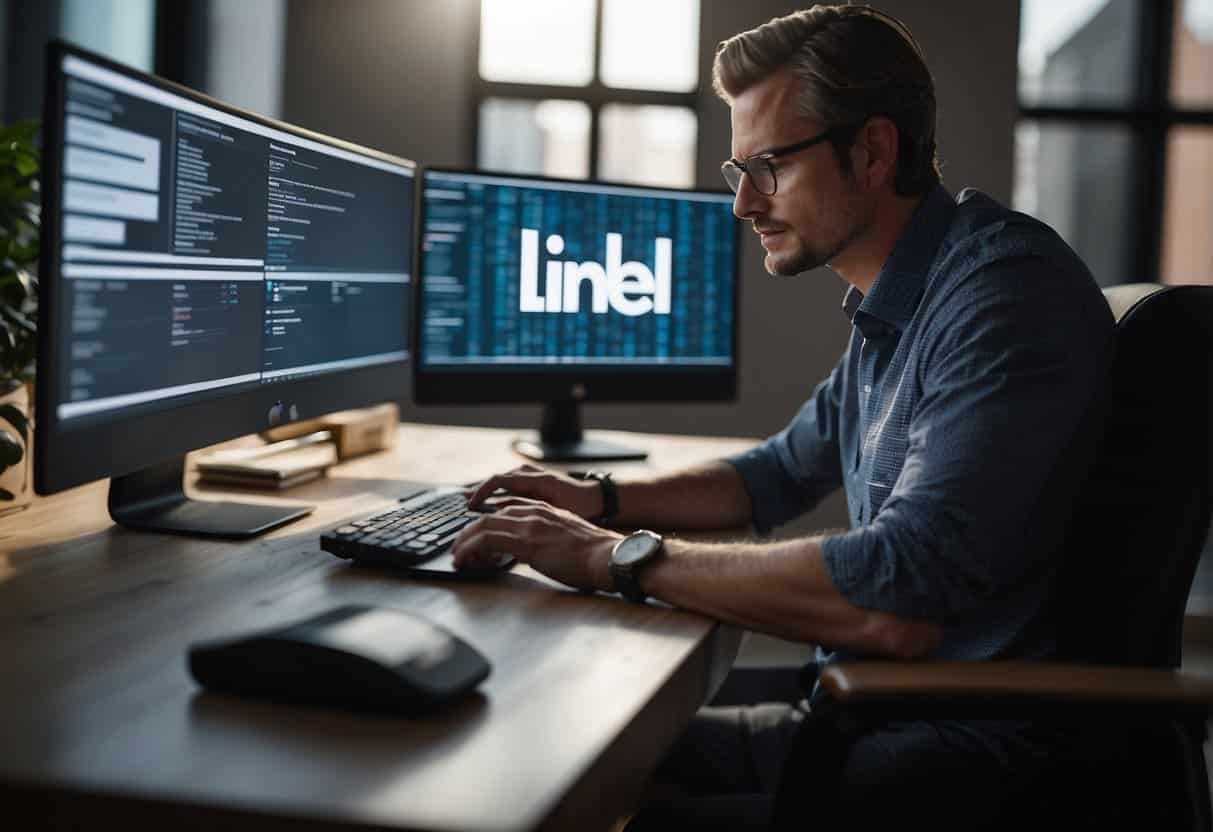 A person sitting at a desk with a computer, analyzing data and making adjustments to a LinkedIn advertising campaign for professional services