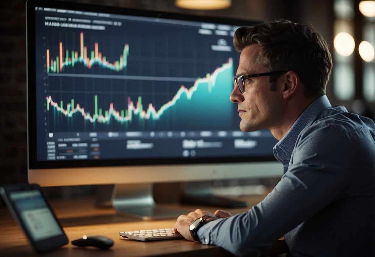 A small business owner watches as a computer generates marketing ideas, while a graph shows sales increasing