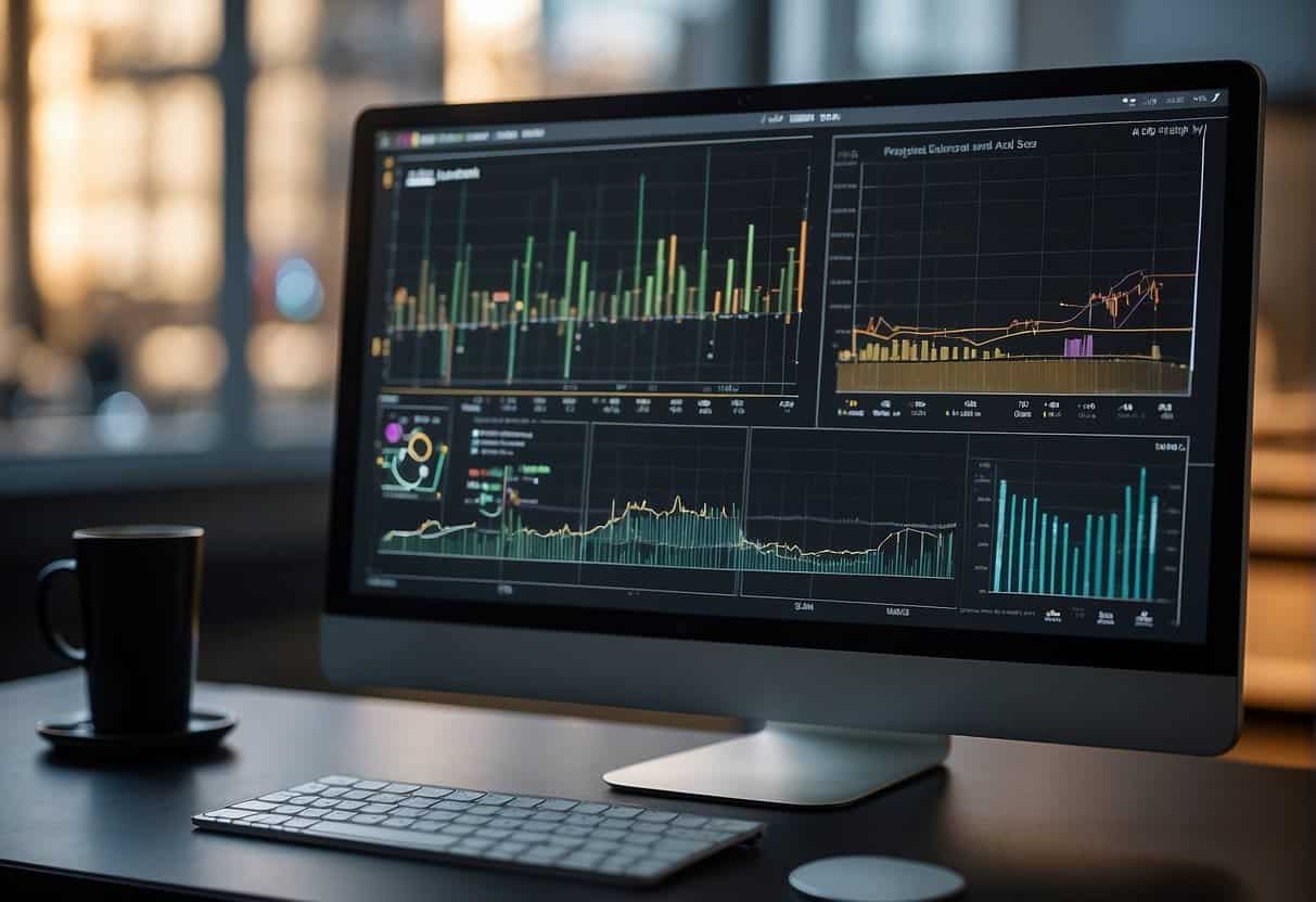 A computer screen displaying various visual content generated by AI for small businesses. Graphs, charts, and digital designs are visible, showcasing the innovative capabilities of the technology