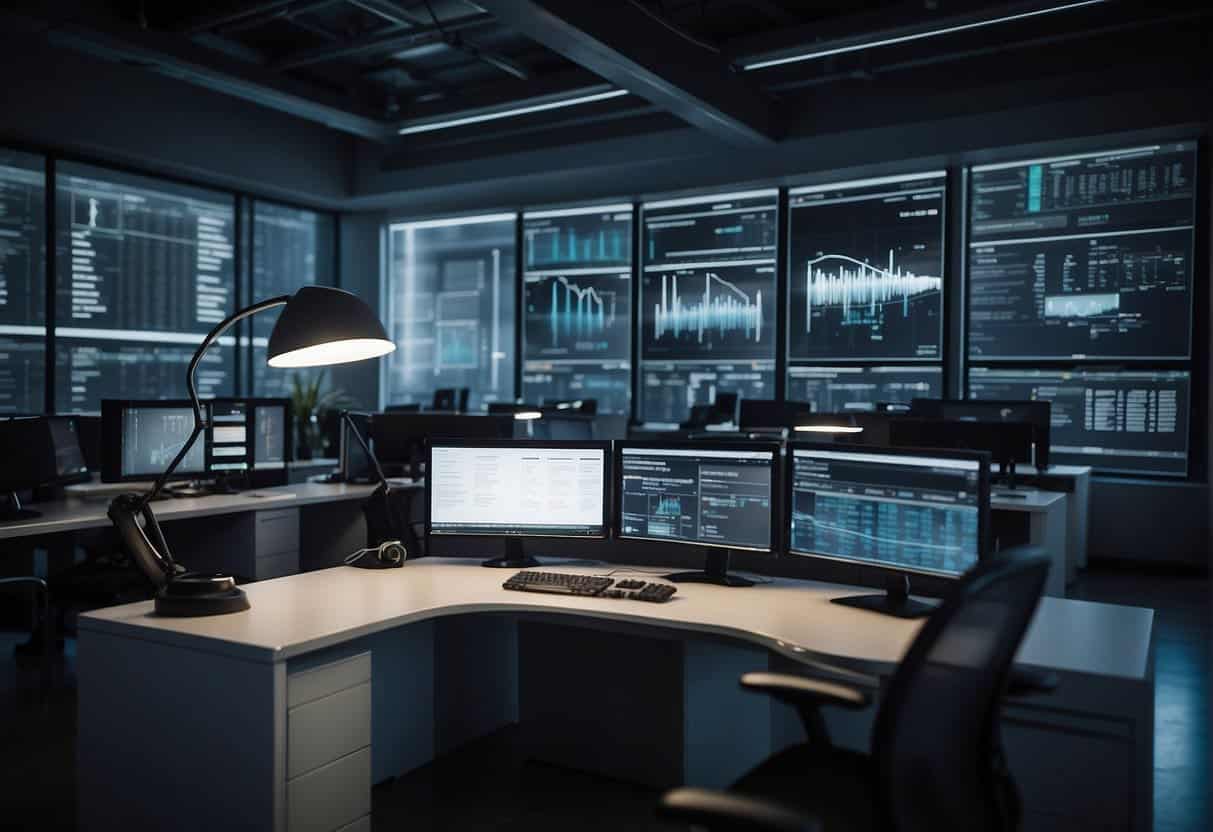 An office setting with AI software managing tasks and operations for small businesses. Computers and digital screens display data and charts