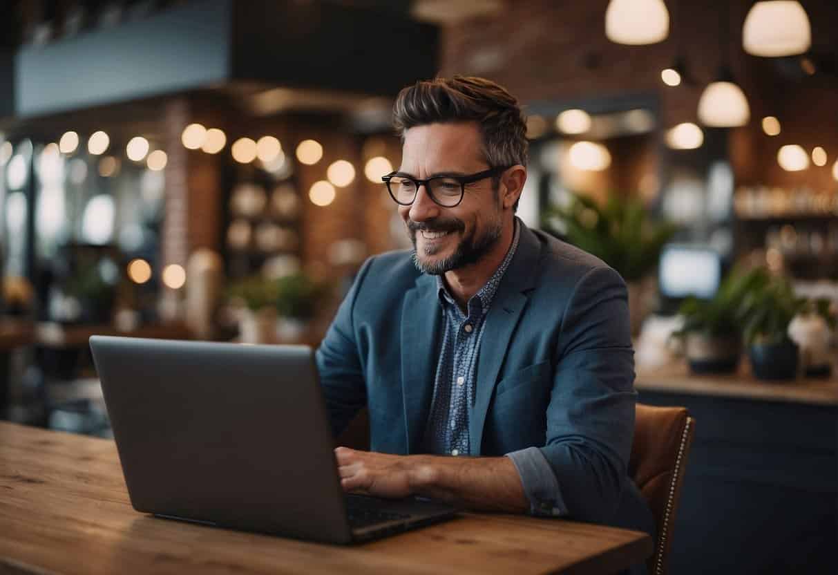 A small business owner types on a laptop, while a chatbot provides customer service on a computer screen. The AI generates helpful responses to common questions