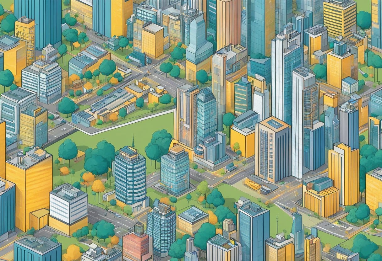 A bustling city skyline with various businesses and industries interconnecting, symbolizing innovative business models and new market potential