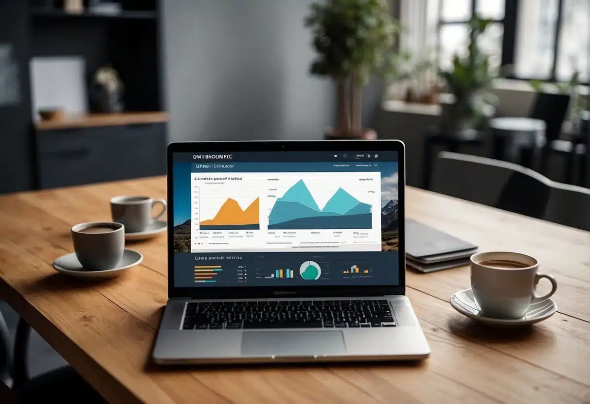 A laptop displaying Unbounce landing page metrics, surrounded by charts and graphs, with a satisfied user in the background