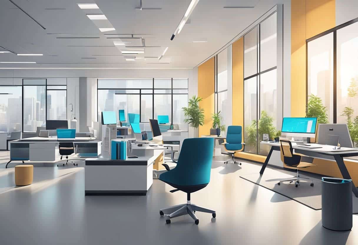 A modern office space with sleek furniture and cutting-edge technology, showcasing the evolution of business models