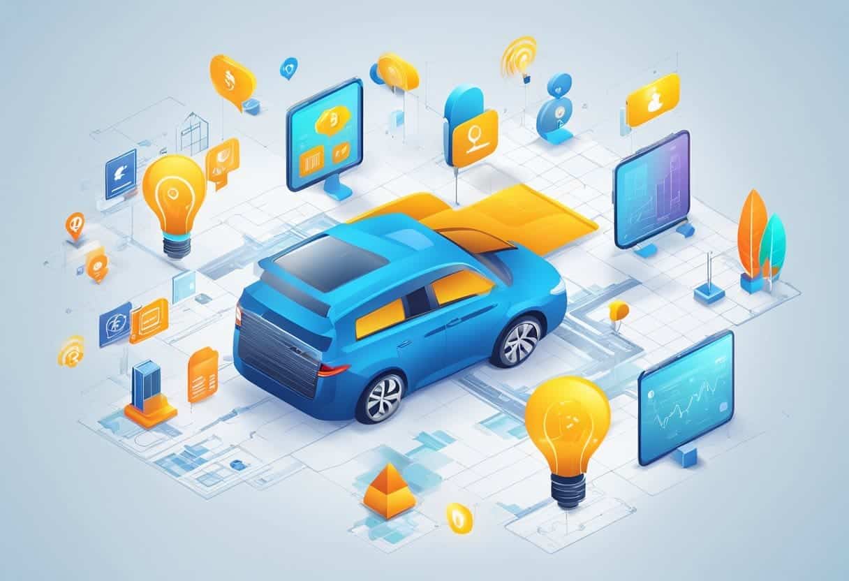 A vibrant blueprint with social media icons and innovative business models, showcasing market potential