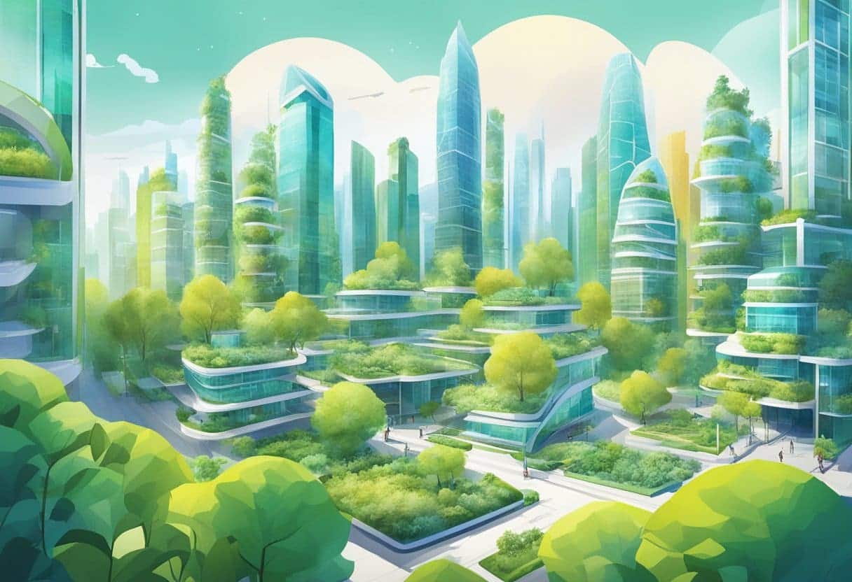 A vibrant cityscape with futuristic buildings and green infrastructure, showcasing the potential of sustainable business models
