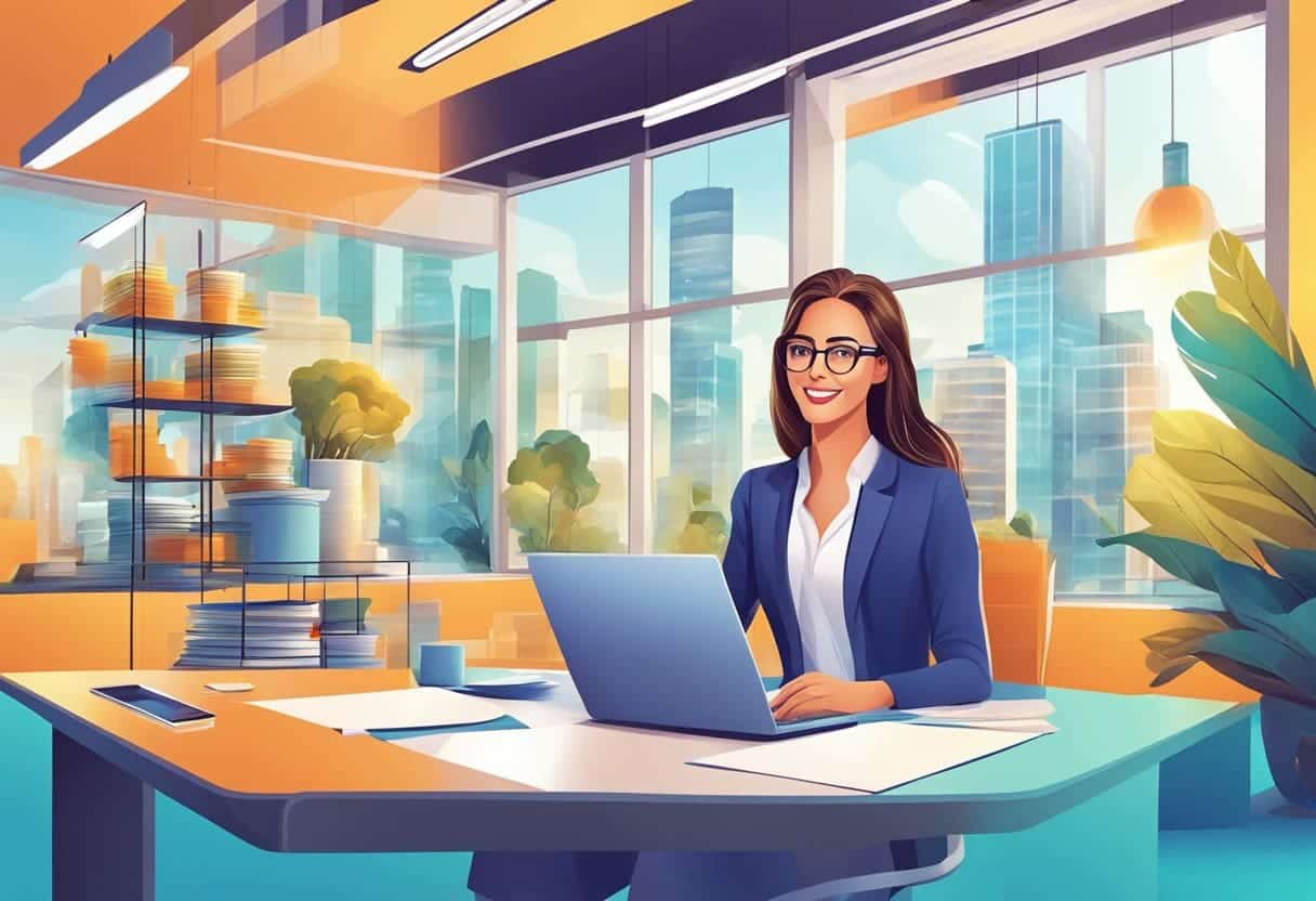 A woman presents innovative business models in a dynamic setting with modern technology and vibrant colors