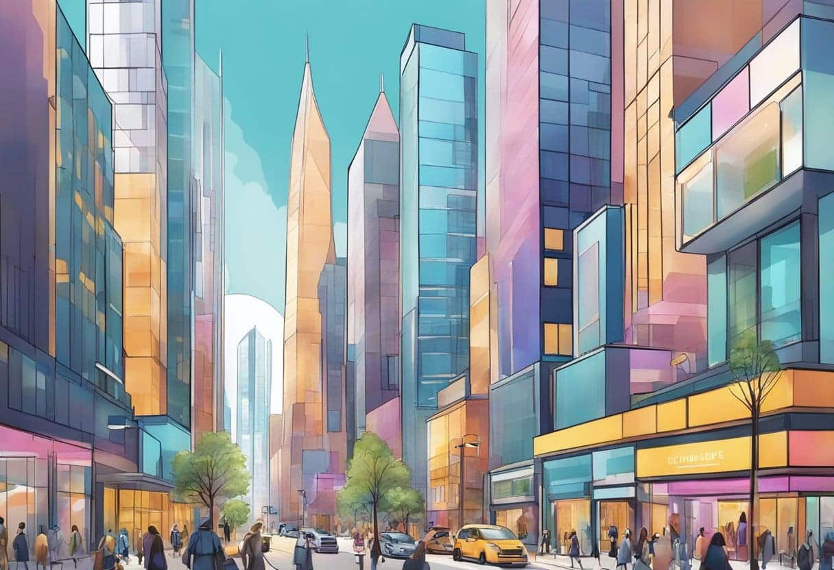 A bustling city street with modern skyscrapers and vibrant storefronts, showcasing the dynamic energy of female entrepreneurship and innovative business models