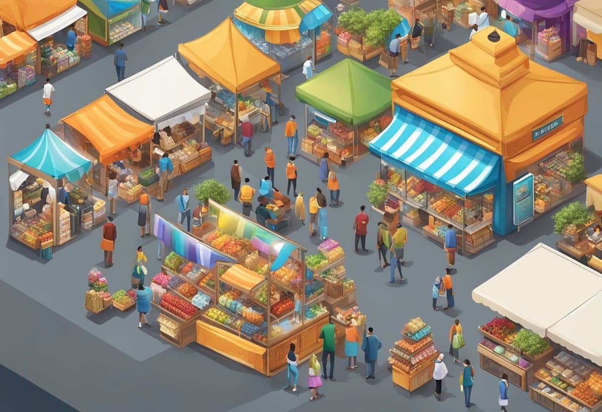 A bustling marketplace with diverse vendors and engaged customers, showcasing innovative products and services. The atmosphere is vibrant and dynamic, with a focus on customer satisfaction and market potential
