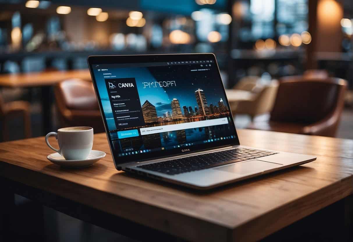 A laptop with Canva open, surrounded by marketing materials and advertising graphics