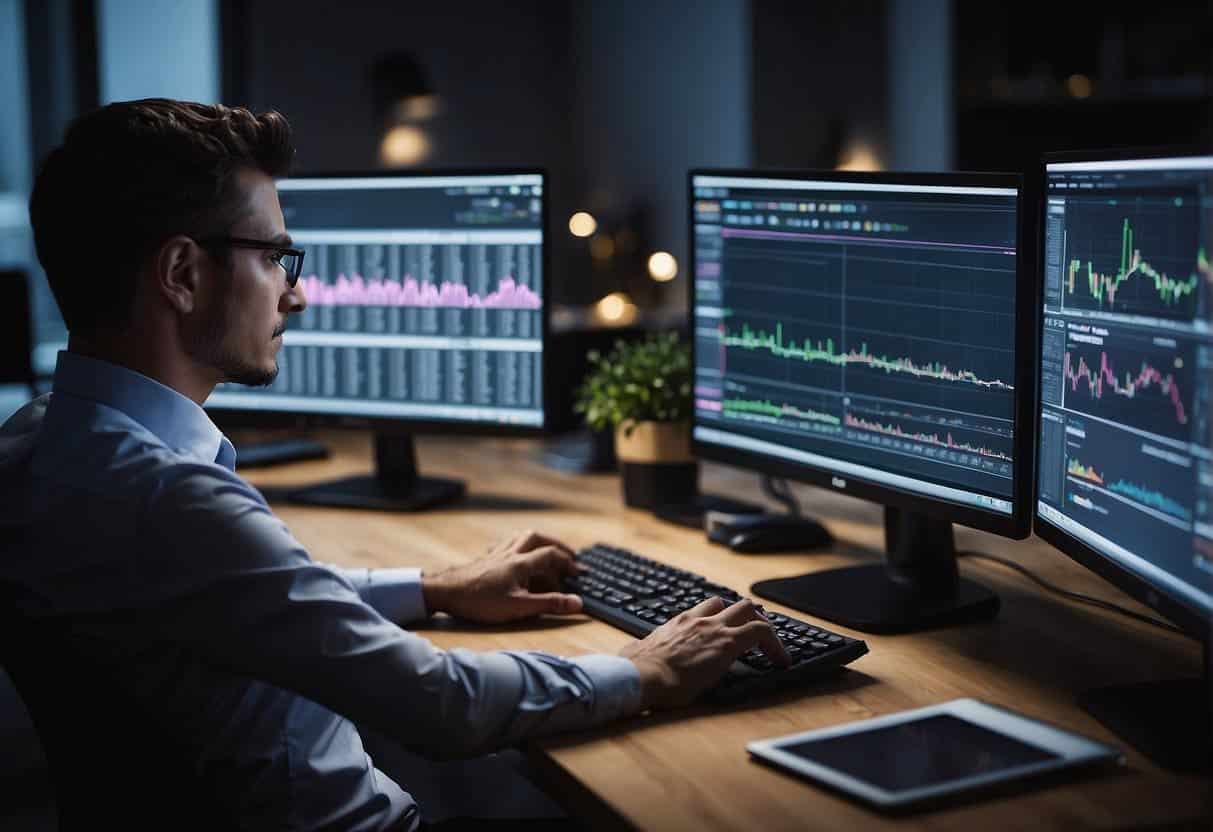 A person sits at a desk, surrounded by computer screens and data charts. They are analyzing campaign performance using Klaviyo for e-commerce marketing