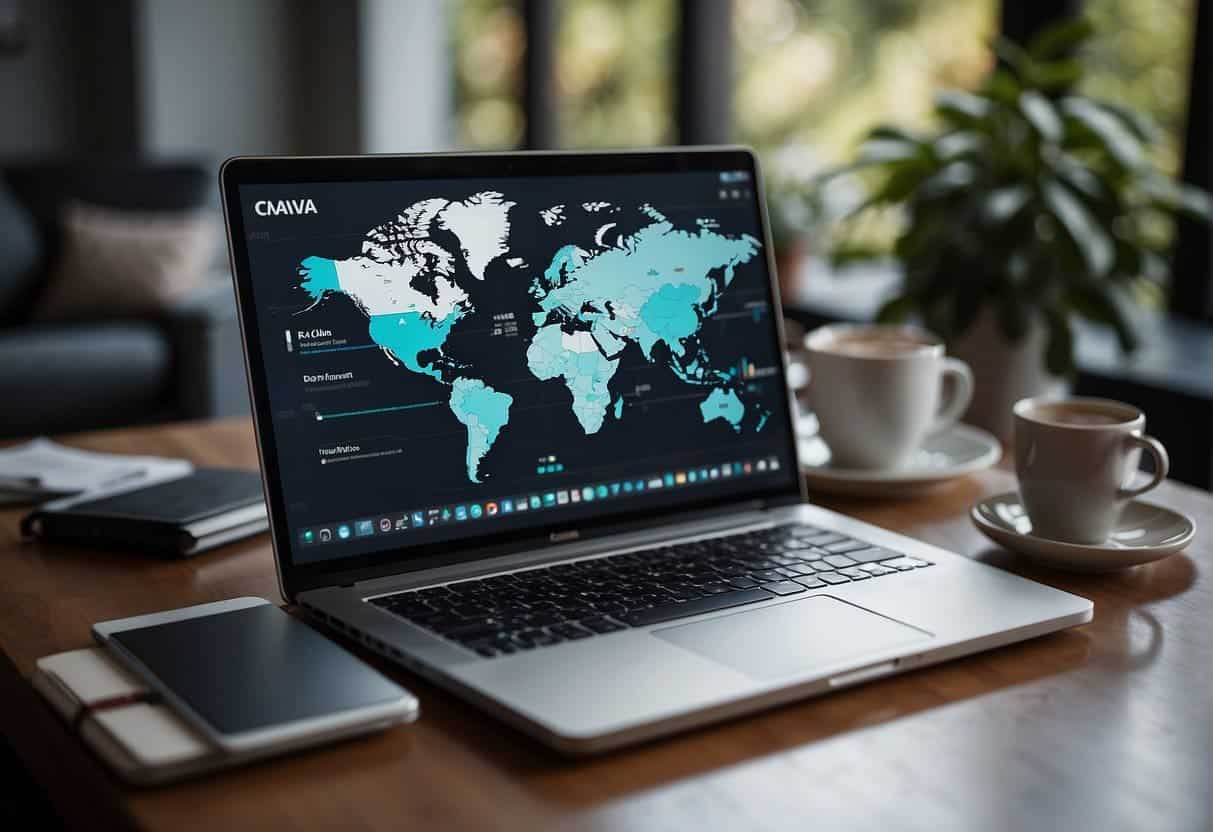 A laptop with Canva's logo on the screen, surrounded by social media icons and charts, representing a marketing strategy