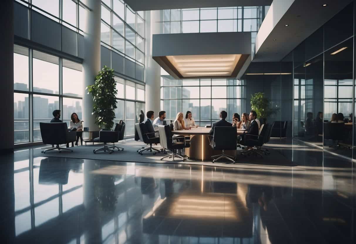 A modern office building with the firm's logo prominently displayed, surrounded by professional-looking individuals engaged in discussions and collaboration