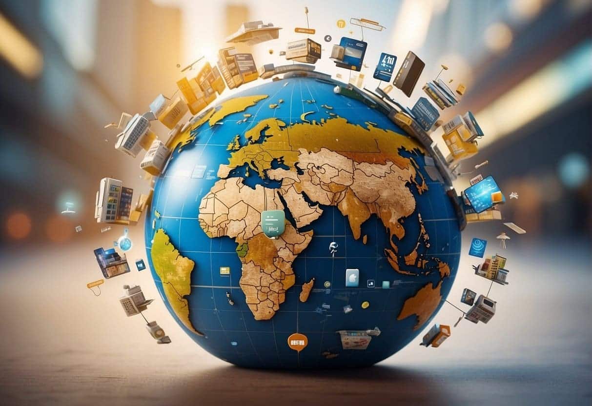 A globe surrounded by digital marketing icons, with arrows pointing to different countries, representing international content strategy