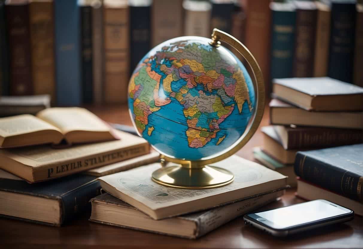 A globe surrounded by various language books, maps, and digital devices, representing international content strategy development