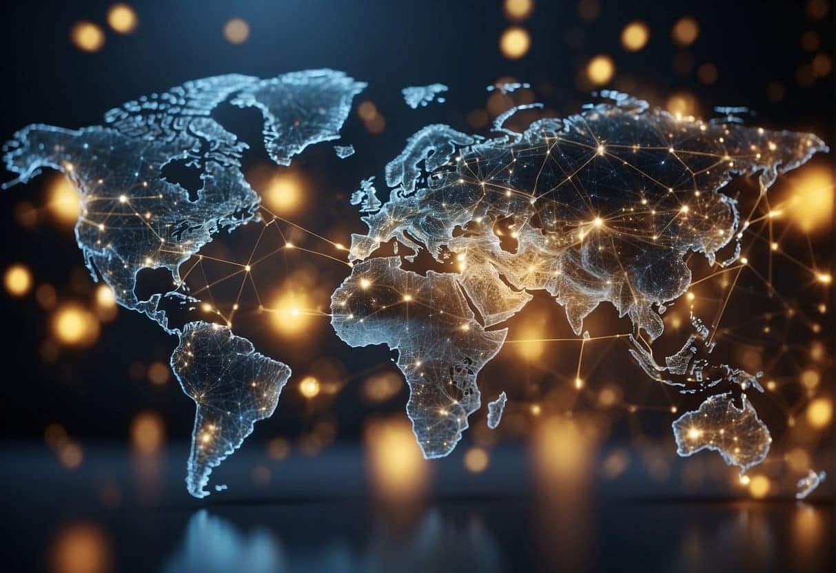 A global map with multiple language translations and a network of interconnected digital platforms