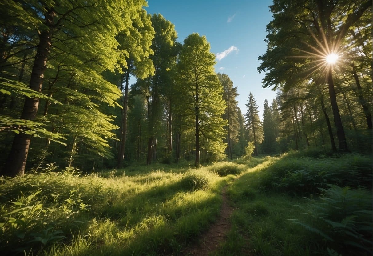 A lush green forest with clear blue skies, showcasing sustainable products and eco-friendly practices