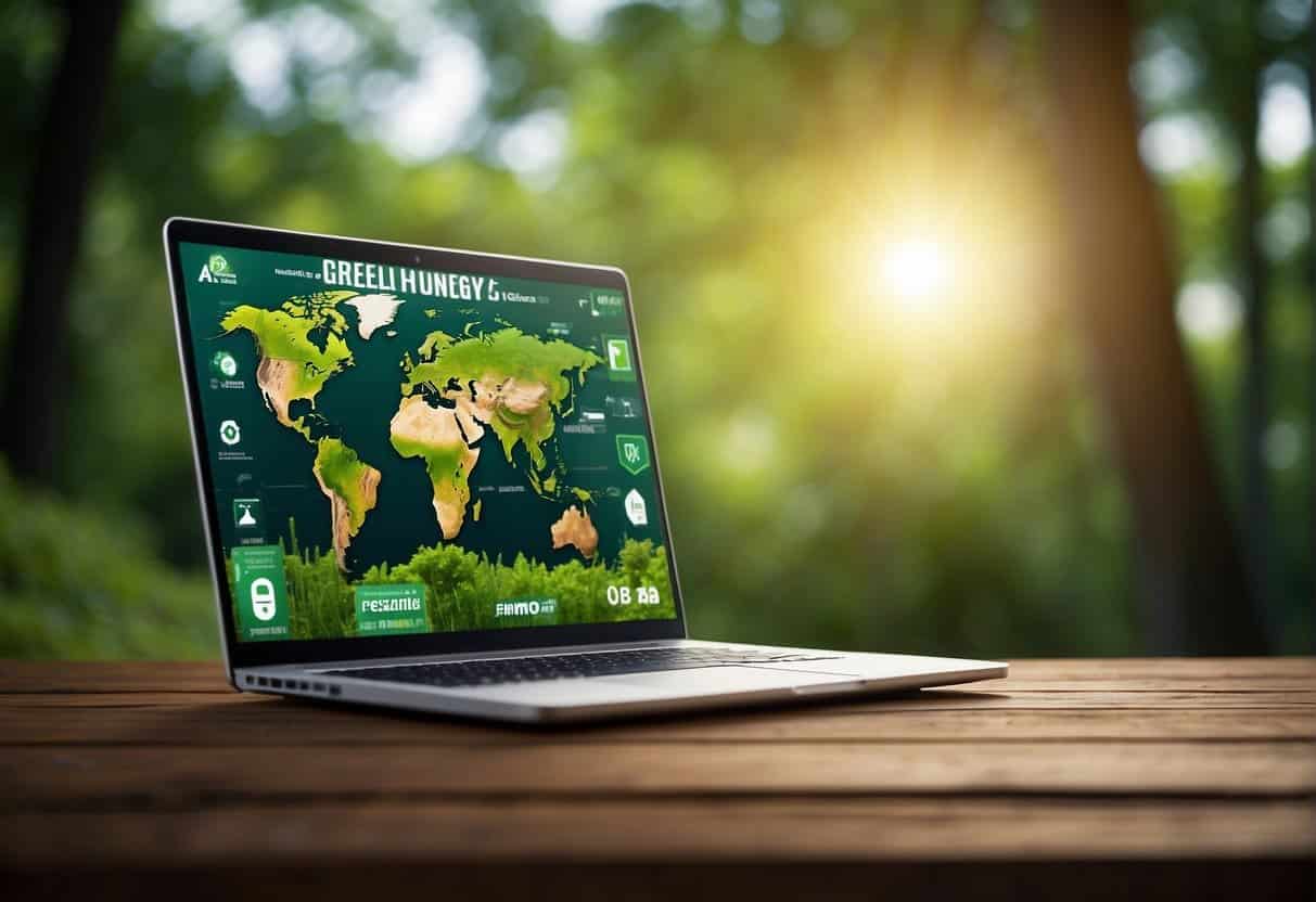 A laptop displaying eco-friendly ads with green background and nature imagery. Renewable energy sources and recycling symbols are integrated into the design