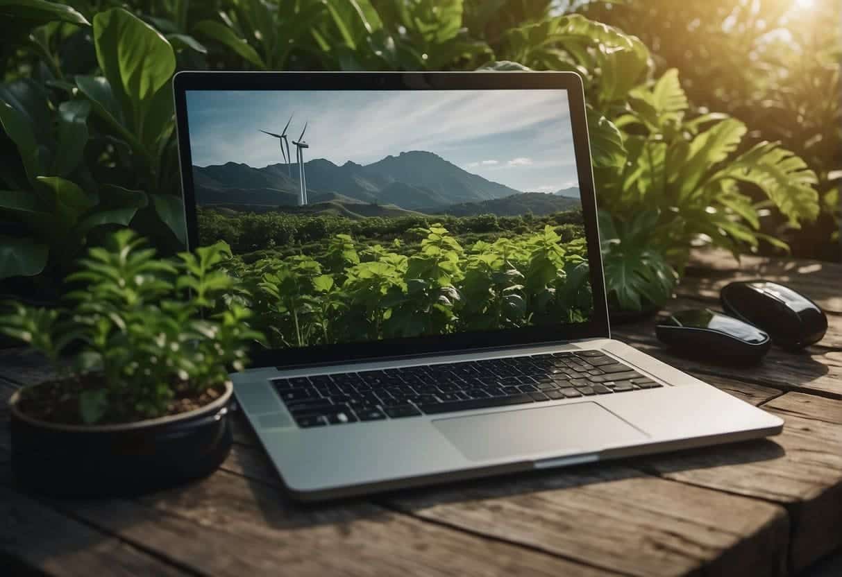 A laptop and smartphone surrounded by green plants and renewable energy sources, emitting minimal carbon emissions