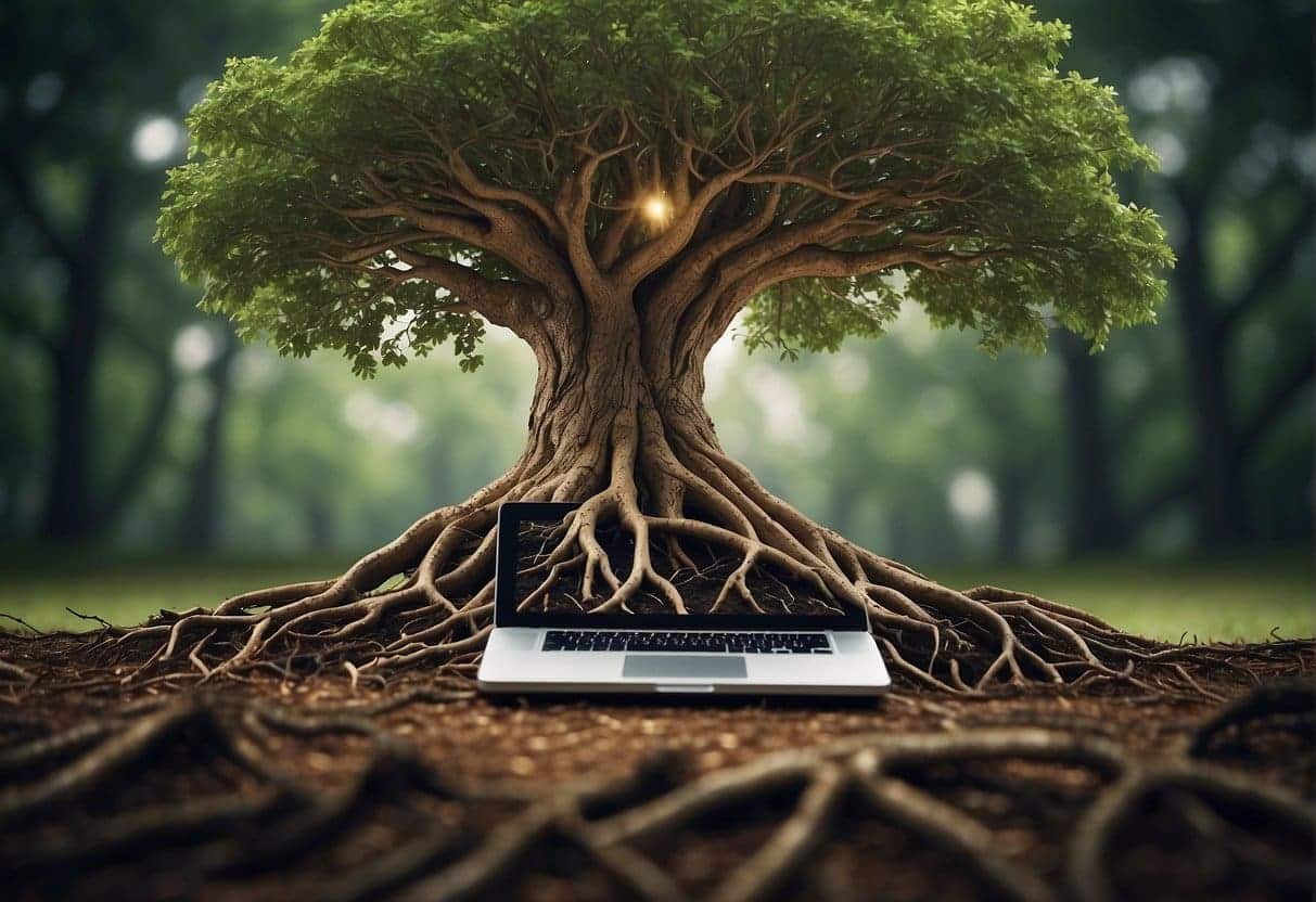 A tree with roots intertwined with a computer, symbolizing the fusion of technology and nature for sustainable digital marketing