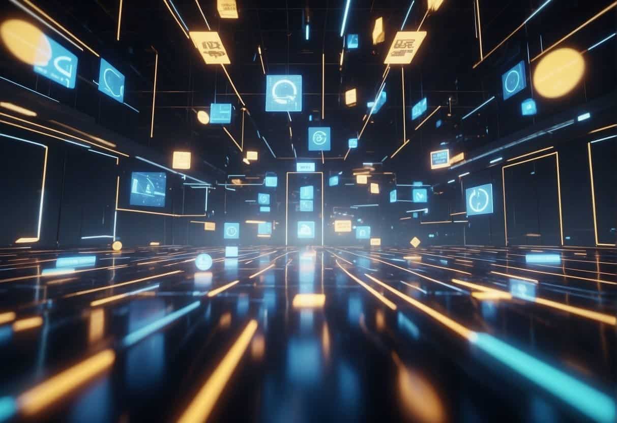 A virtual world with branded objects floating in augmented reality space. Digital avatars interacting with branded content