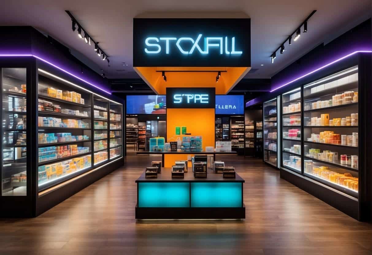 A virtual storefront with various brand logos and products displayed in a vibrant virtual world, showcasing the collaboration and presence of different brands in the digital space