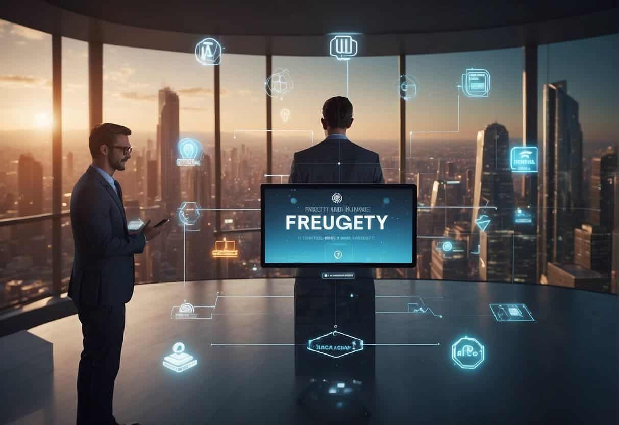 A virtual world with a prominent building labeled "Frequently Asked Questions" surrounded by digital avatars interacting and engaging with the brand