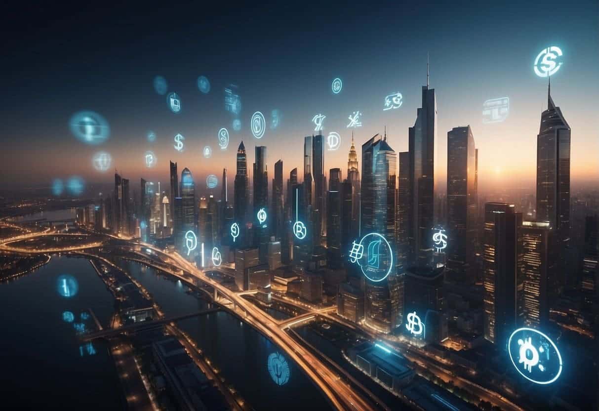 A futuristic city skyline with digital currency symbols floating above financial institutions