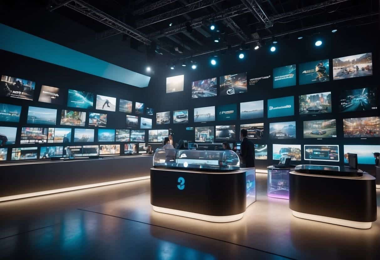 A virtual world with digital collectibles and NFTs, showcasing brand presence through interactive displays and virtual events