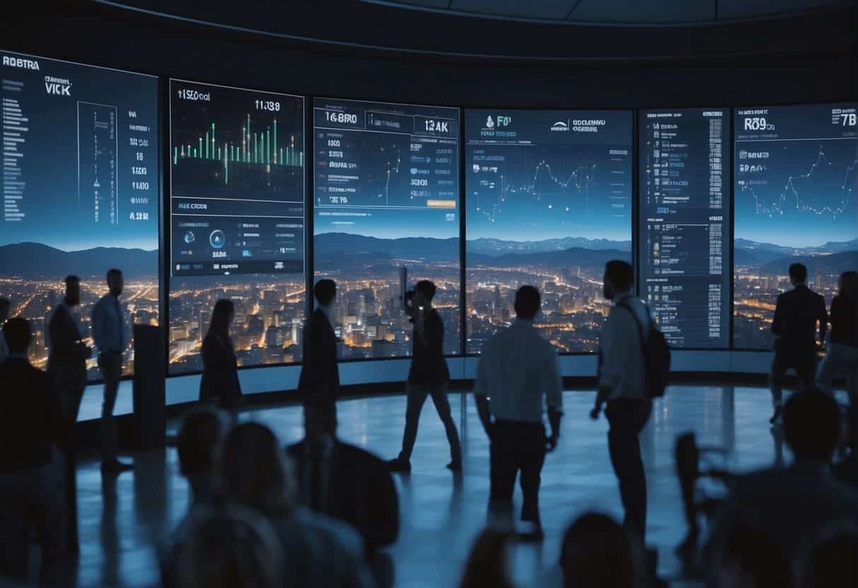 A bustling city skyline with digital currency symbols and financial charts displayed on billboards, while a crowd of professionals engage in discussions at a fintech conference