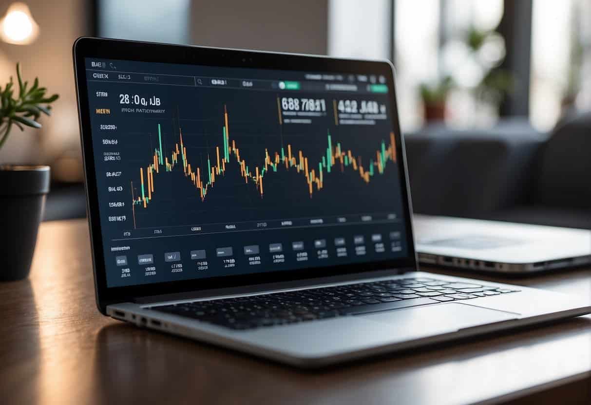 A laptop displaying fintech marketing strategies with graphs and charts, surrounded by digital marketing tools and icons