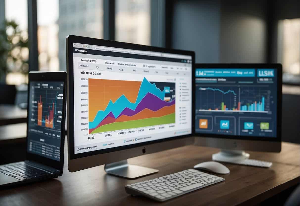 A computer screen displays various fintech marketing services being utilized, with charts and graphs showcasing the successful use of paid media