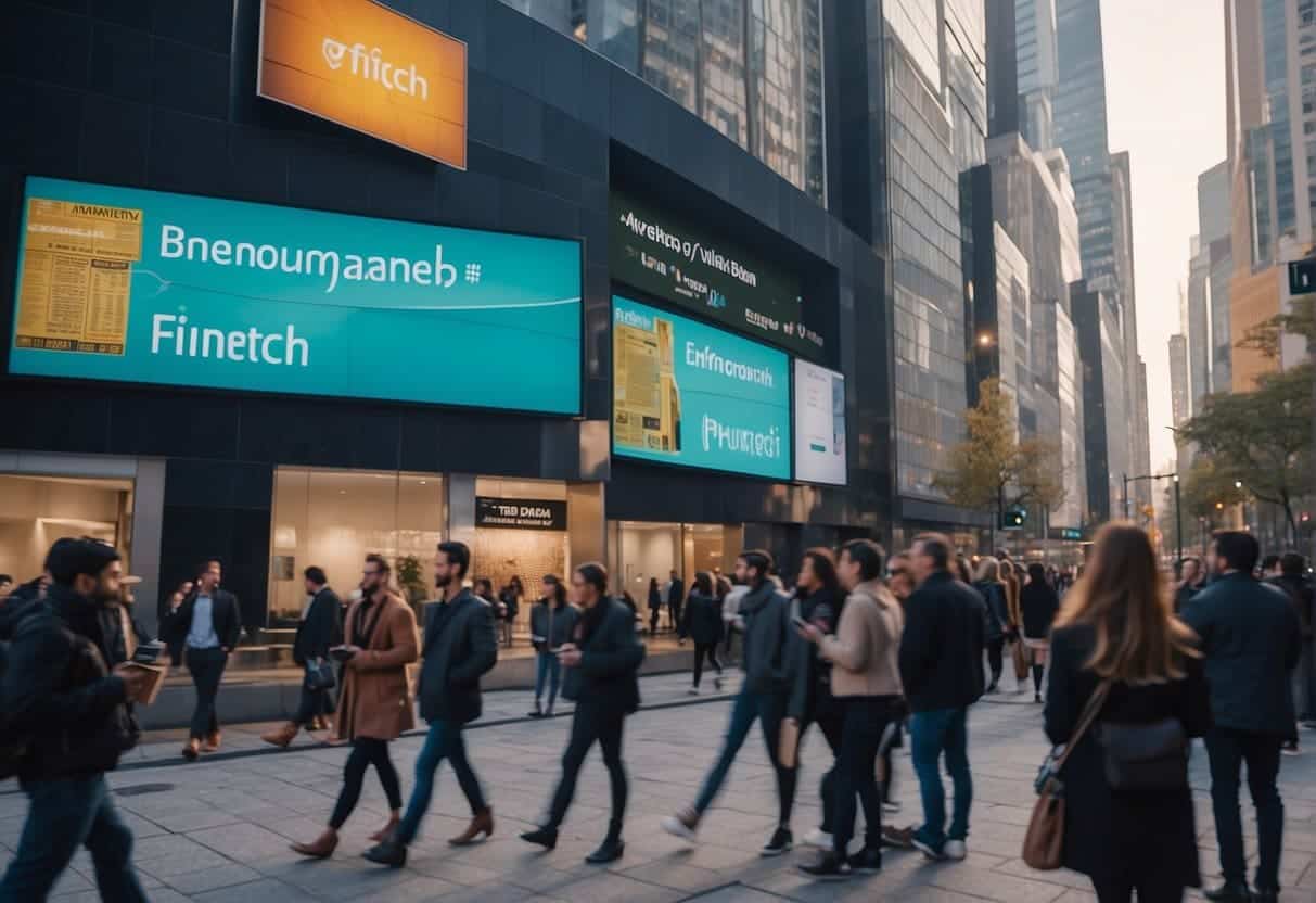 A bustling city street with digital billboards displaying fintech marketing trends. People interact with mobile devices and ATM machines
