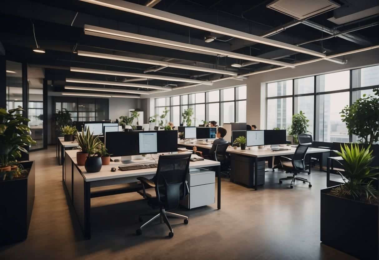 A bustling office space with modern decor and a team of professionals collaborating on fintech marketing strategies and resources