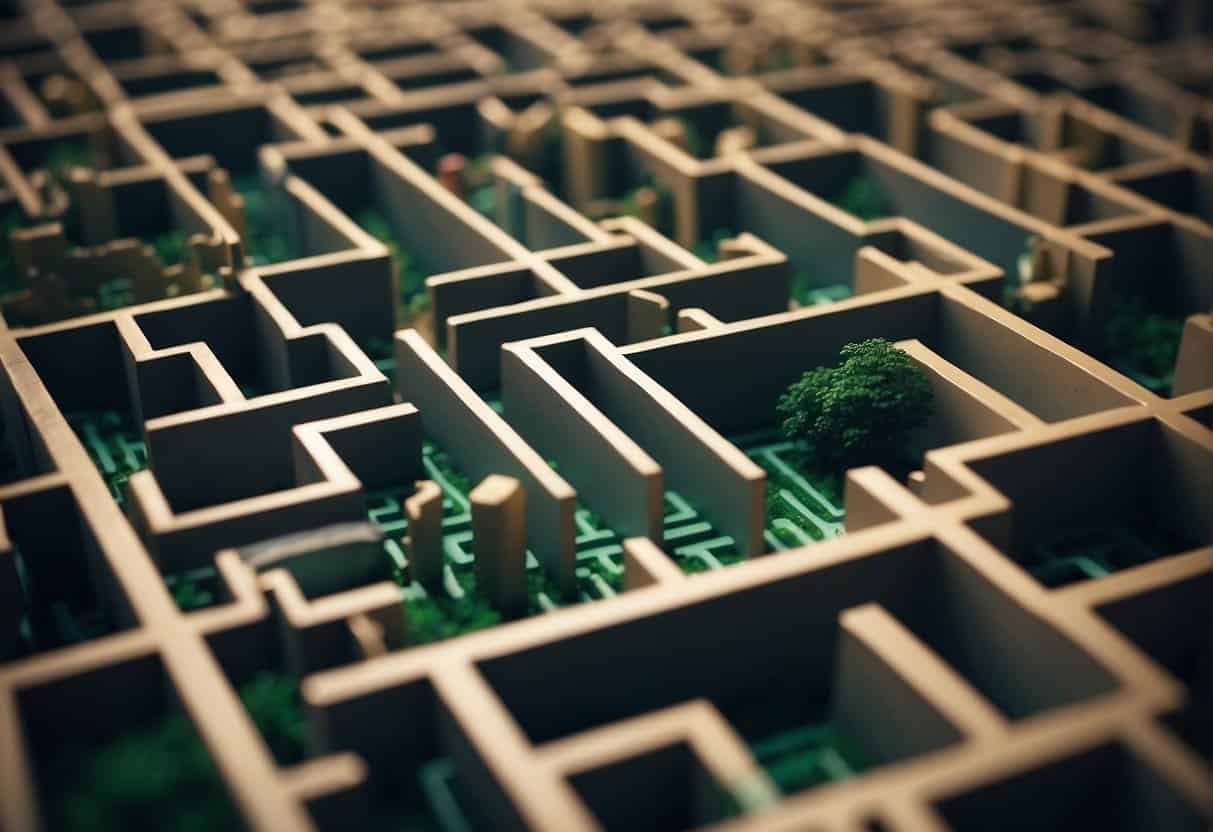 A maze with obstacles and open paths, representing challenges and opportunities in the fintech business model