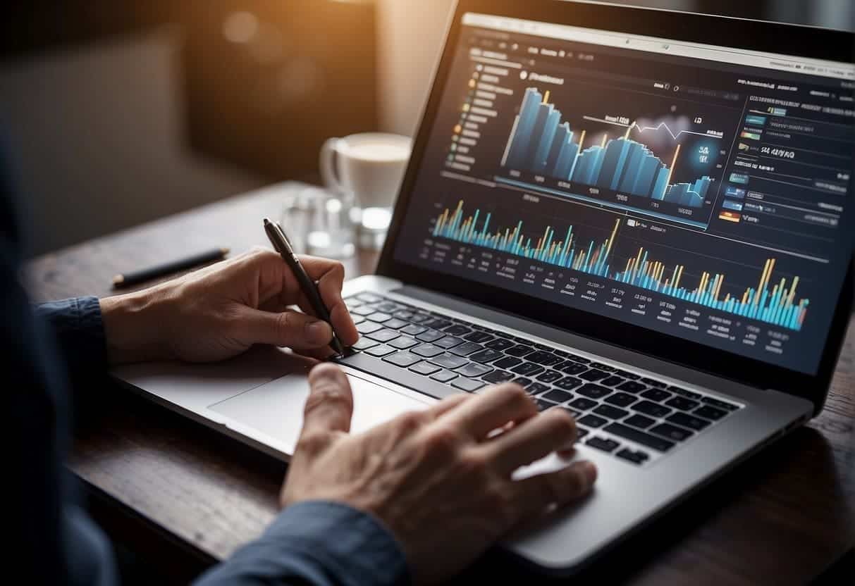 A laptop displaying social media analytics, surrounded by charts and graphs. A person's hand holds a pen, ready to take notes