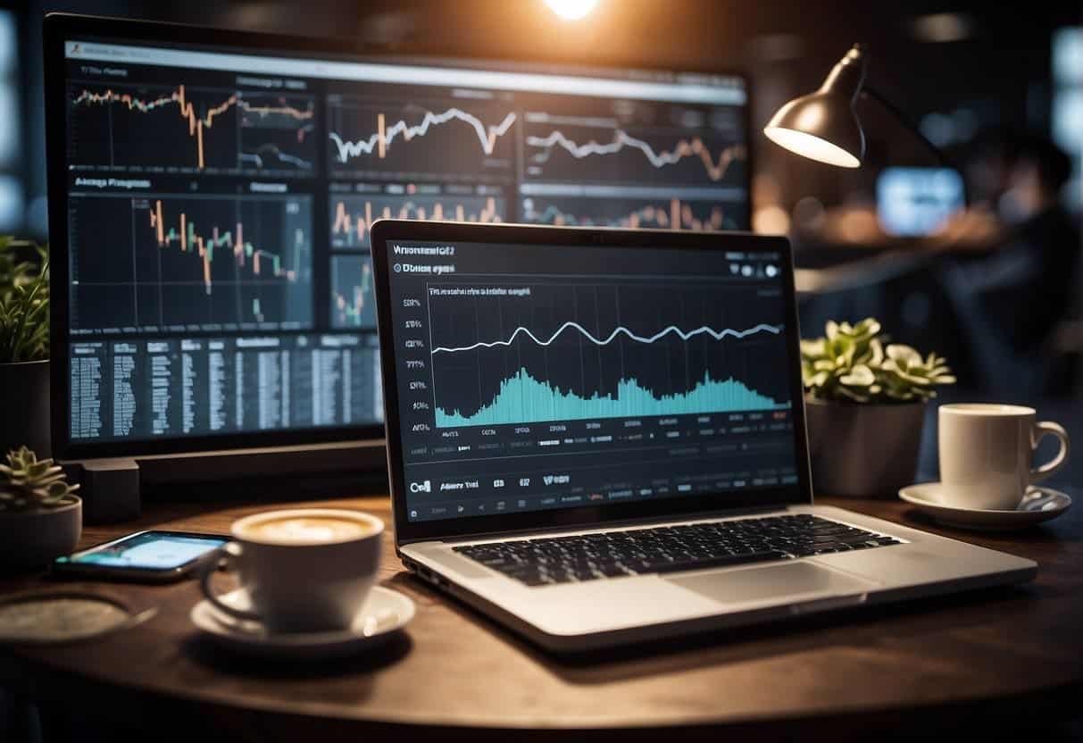 A laptop displaying social media analytics charts and graphs, surrounded by various social listening tools and techniques