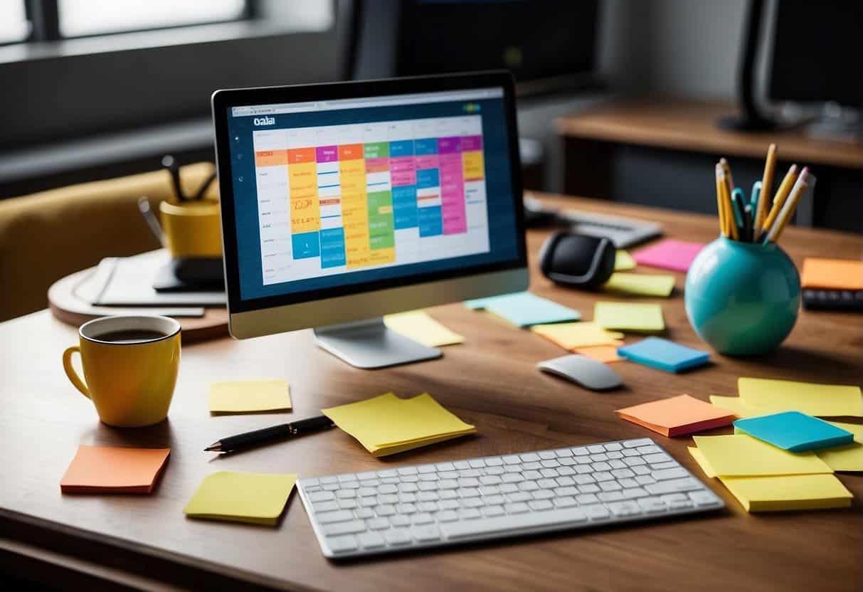 A desk with a computer, calendar, and social media analytics tools. Post-it notes with goal reminders. Bright, organized workspace